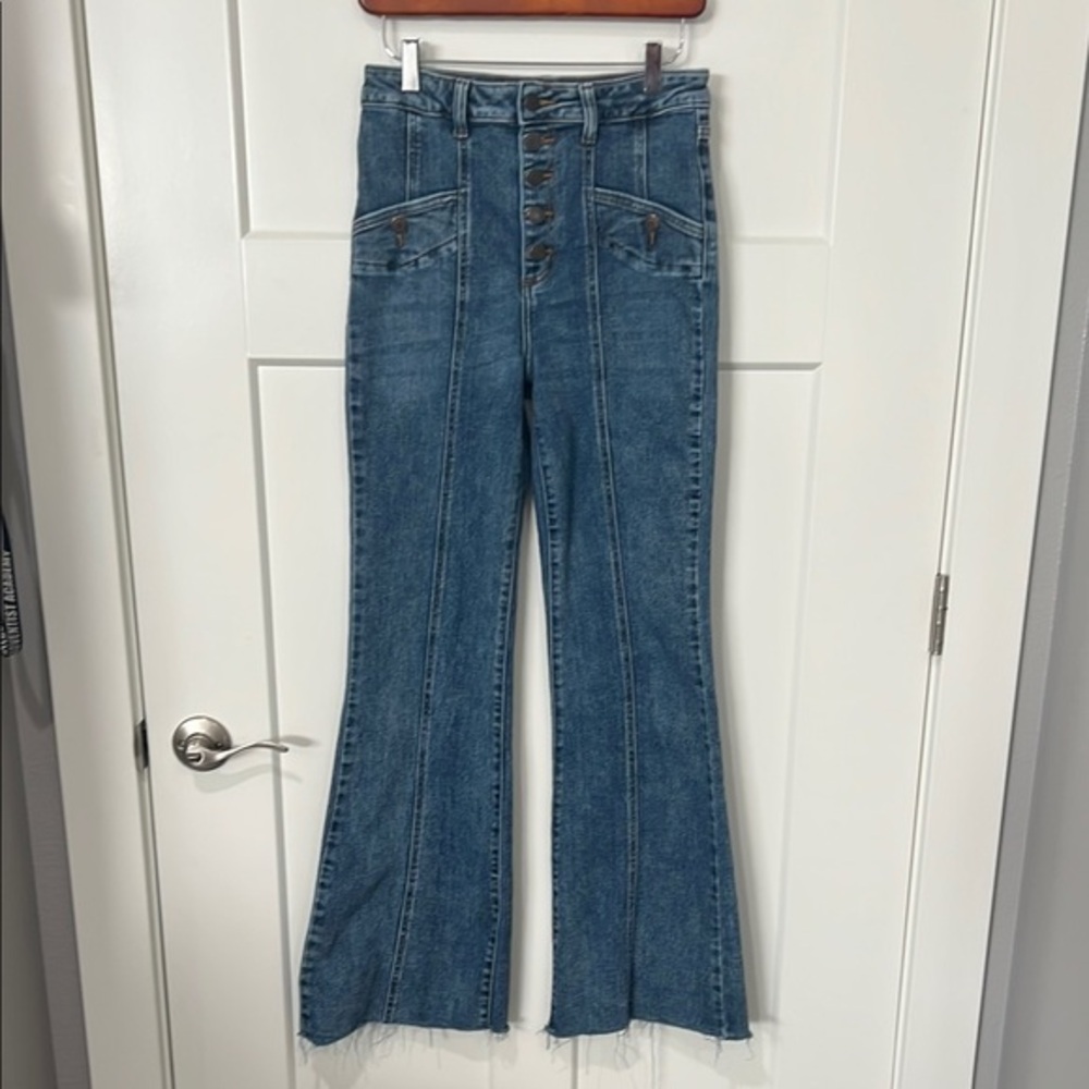 Cello Blue High-Waist Flare Jeans with Front Button Detail